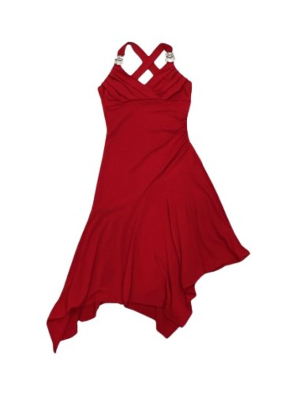 Y2K Red Halter Asymmetrical Sharkbite Hem Midi Dress – Ruched Tango Style - EUC